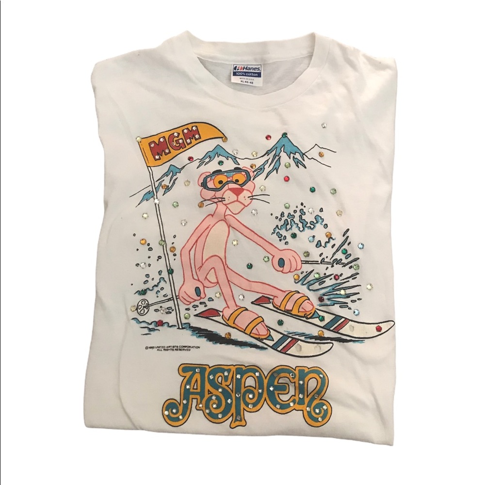 Vintage 80s Pink Panther Rhinestone Ski T Shirt